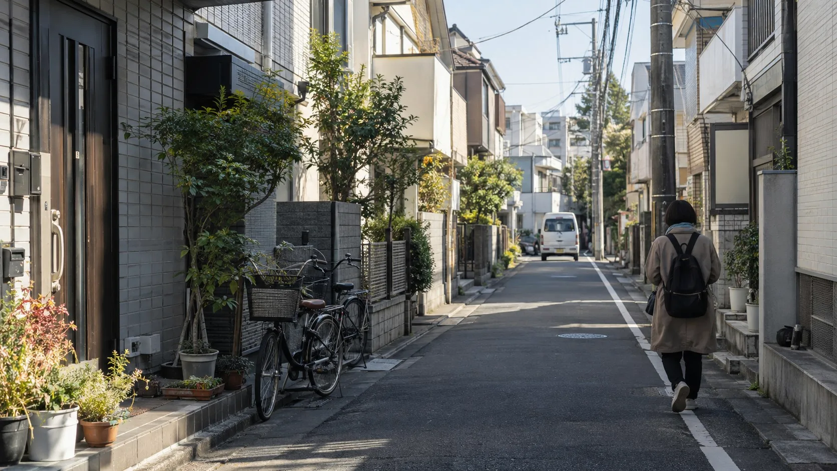 A quiet Japanese neighborhood street with bicycles and a passing pedestrian