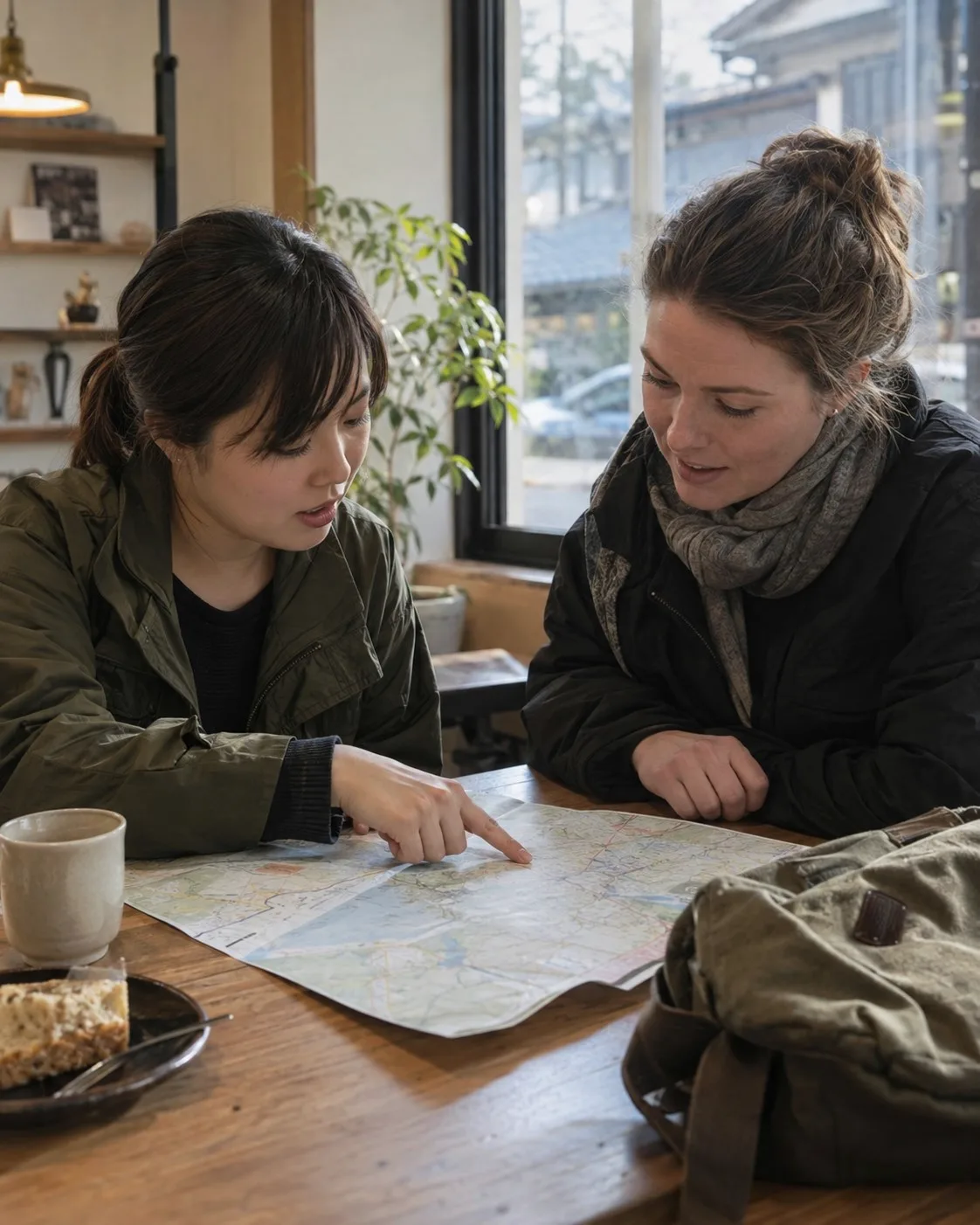 A travel planner and a traveler discussing a folded route map beside a window
