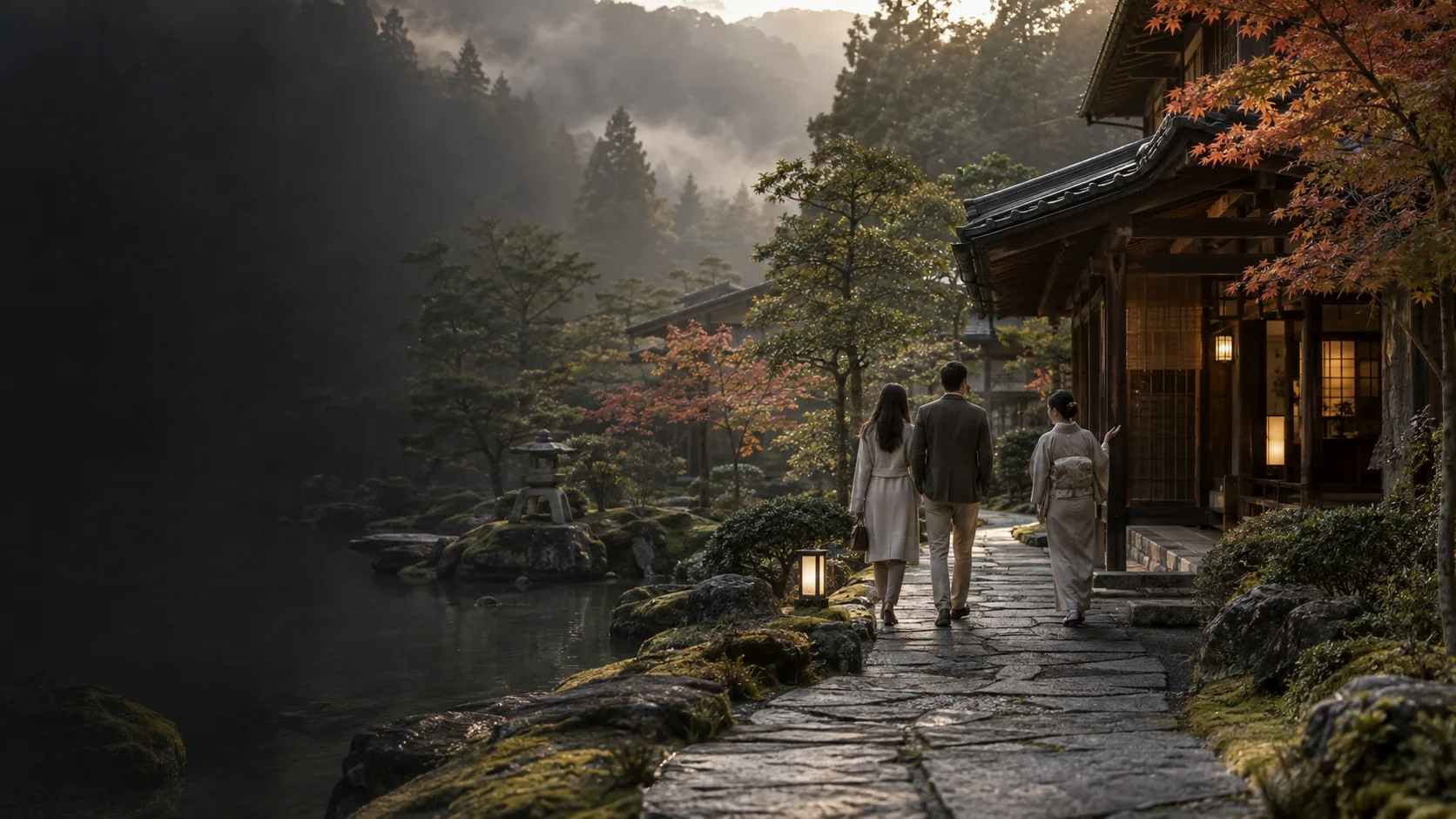 Two travelers and a local guide walking through a quiet Japanese garden beside a traditional inn at dawn