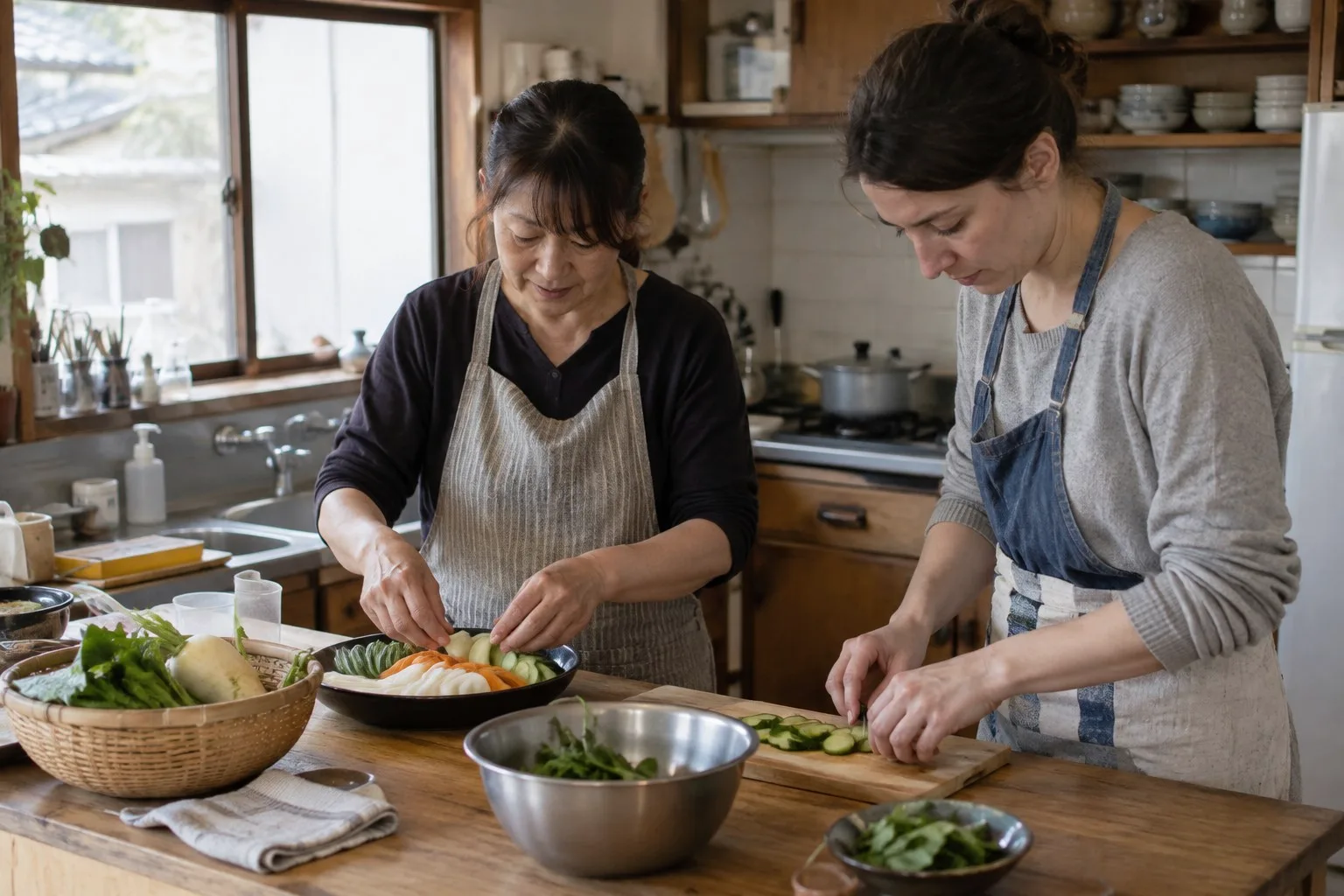 A local host teaching a traveler to prepare food in a small Japanese kitchen