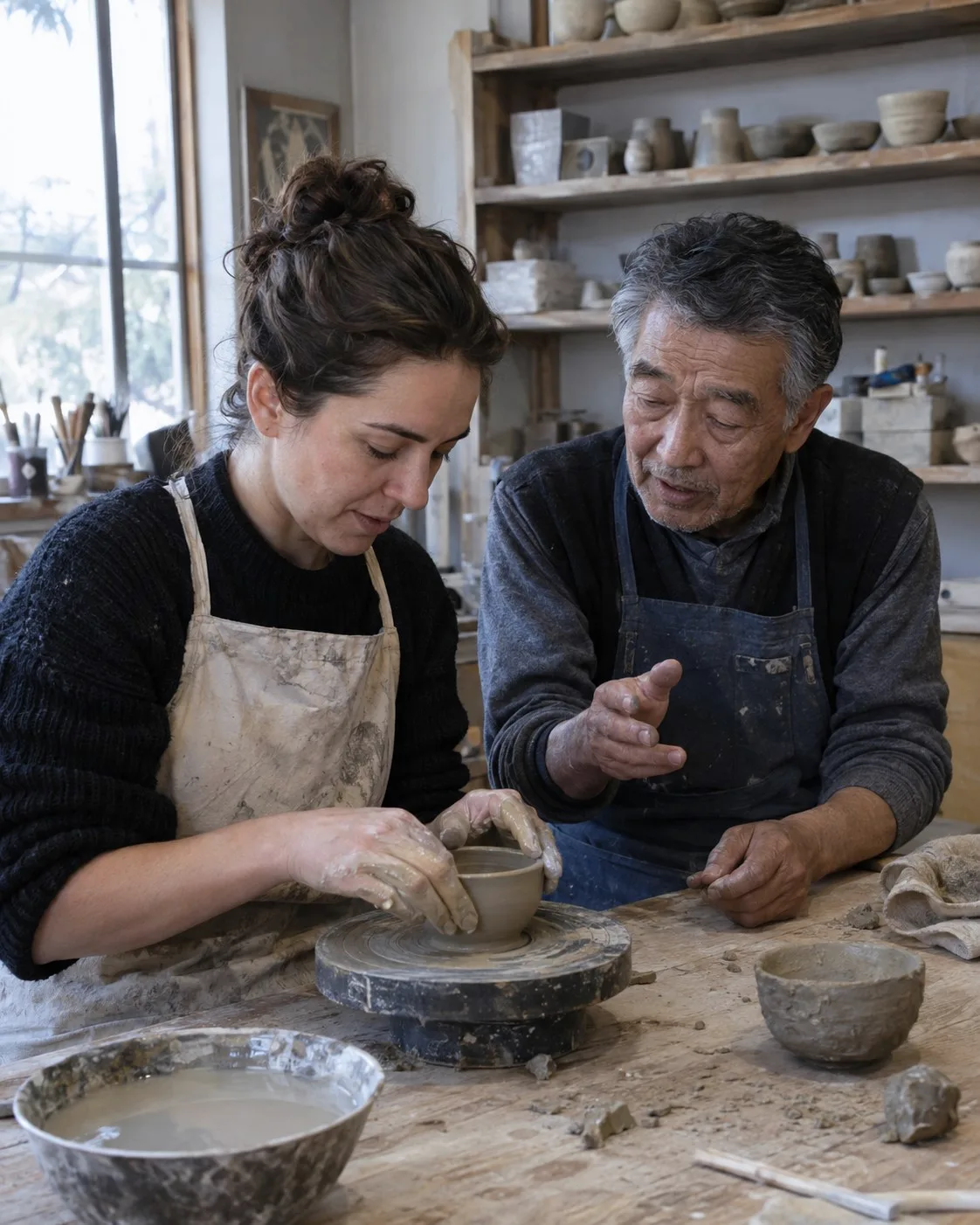 A pottery maker showing a traveler how to shape clay at a shared workbench